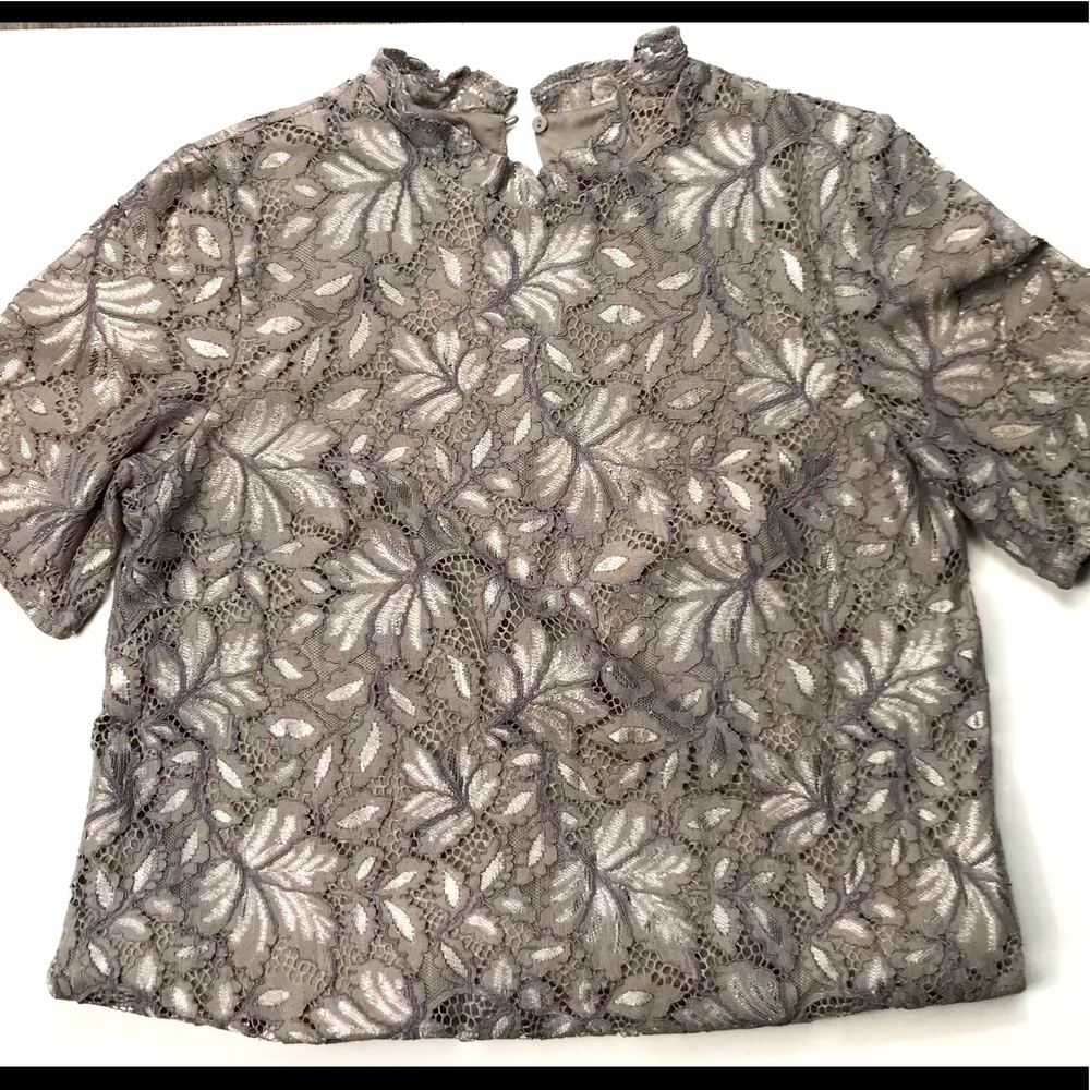 Taupe top with Lacey leaf pattern